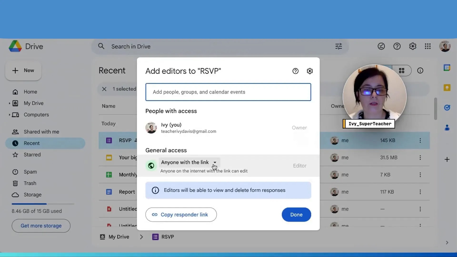 Sharing settings for Google Slides