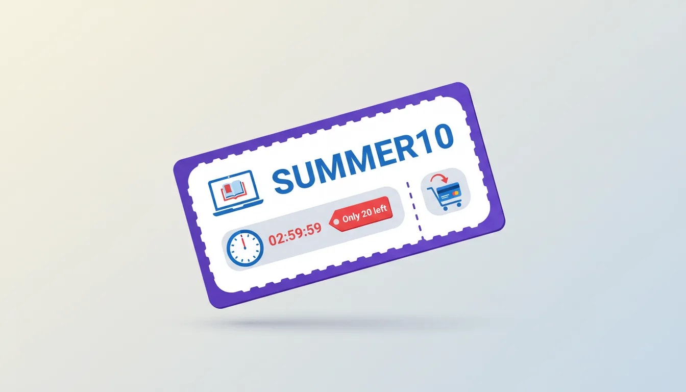 Coupon graphic with a clear promo code, countdown deadline, limited spots, and a link to a specific teaching offer