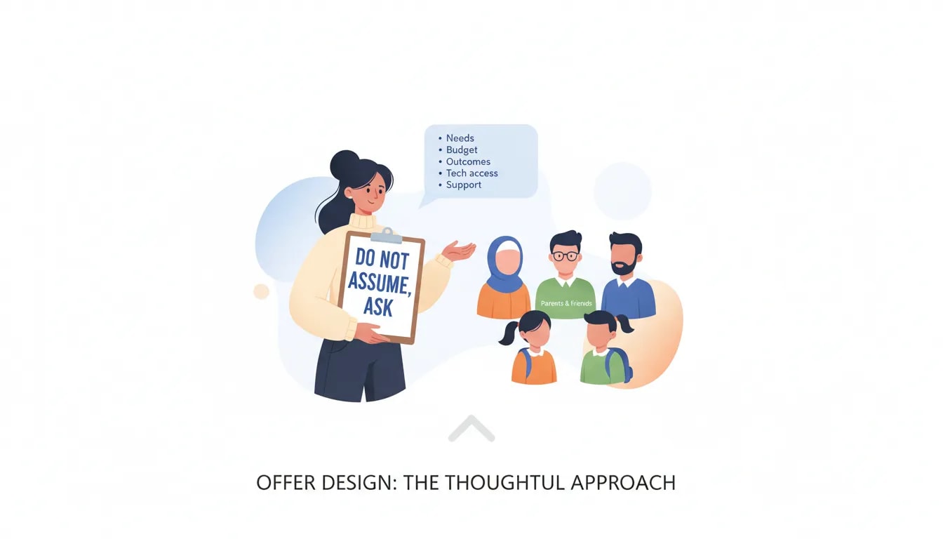 Illustration of a teacher encouraging “Do not assume, ask” and gathering insights from students, parents, and the community to improve an offer.
