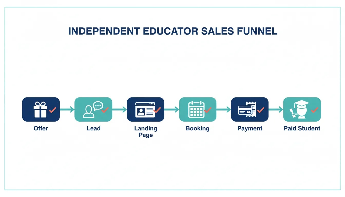 Infographic showing a simple educator sales funnel from offer to booking, payment, and a paid student