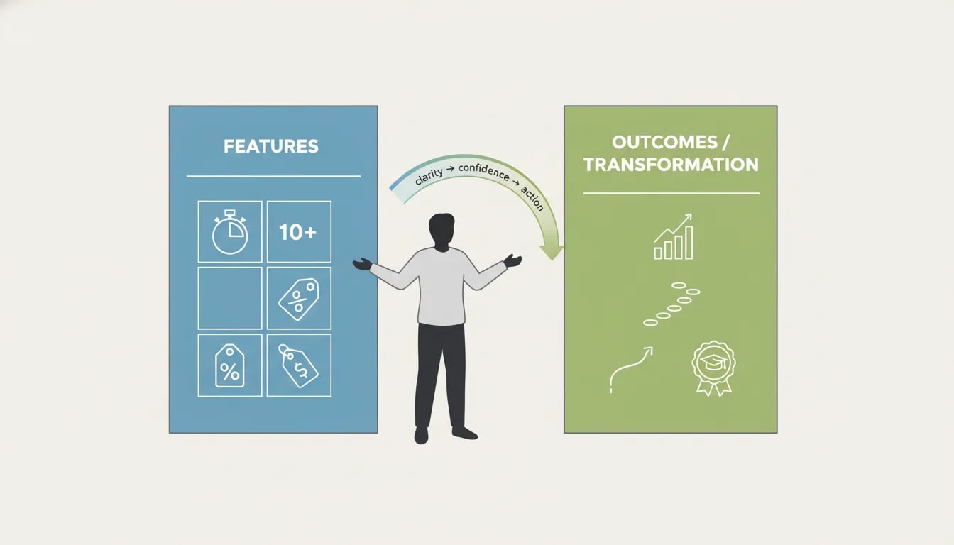 Illustration contrasting teaching features like class length and discounts versus outcome-focused student progress and learning goals.