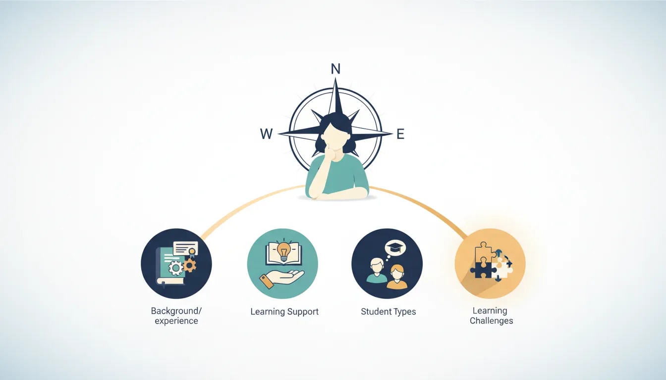 Illustration showing how a teacher can find a clear niche using experience, student fit, and learning challenges without overthinking