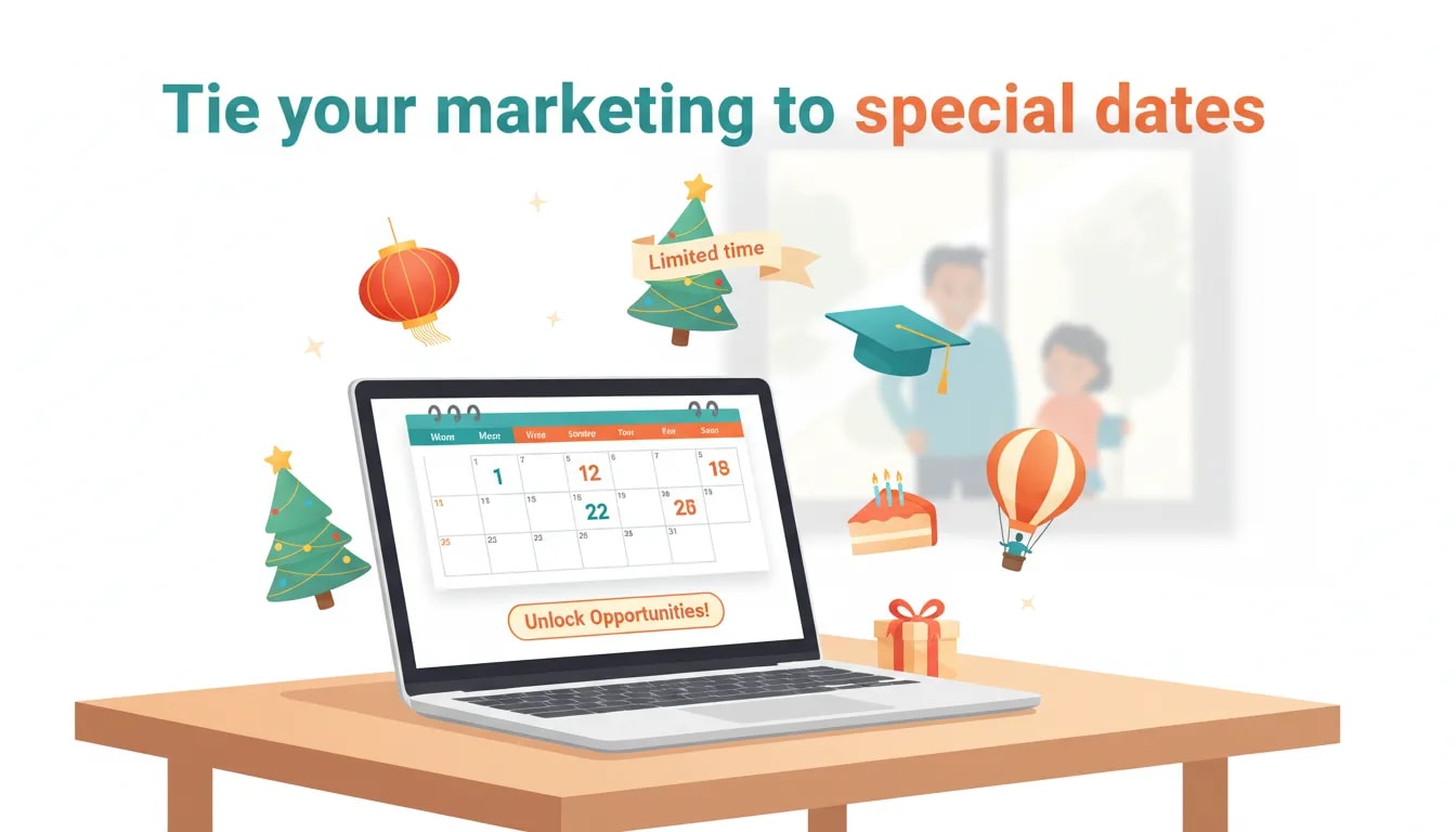 Illustration showing holiday-themed marketing promotions for tutoring, with a calendar, limited-time label, and festive icons like Chinese New Year, Christmas, graduation, and birthdays.