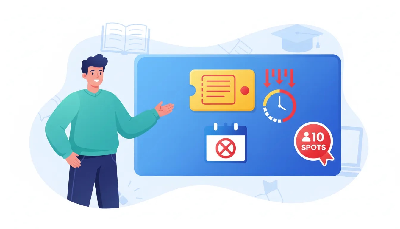 Illustration of a teacher presenting a limited-time coupon and countdown to encourage parents to enroll in classes now