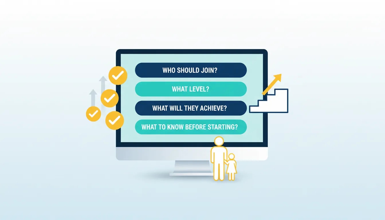 Illustration of an online learning program onboarding checklist showing who it’s for, level, outcomes, and what to know before starting