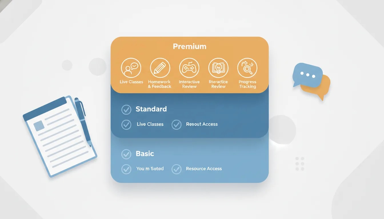 Premium tier tutoring plan with live classes, homework and feedback, interactive games, resource access, and progress tracking icons