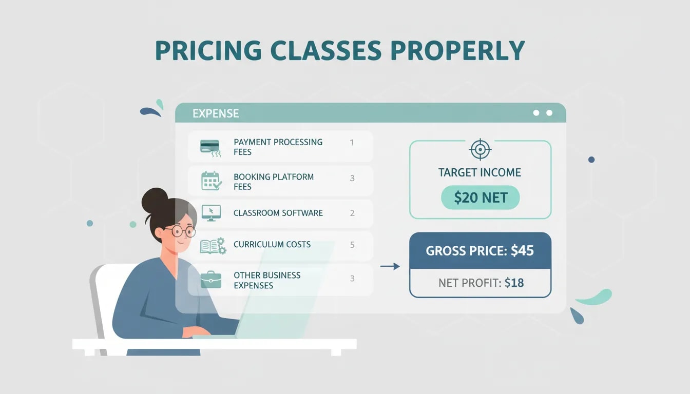 Illustration showing how to price classes by calculating true net income after fees and business expenses