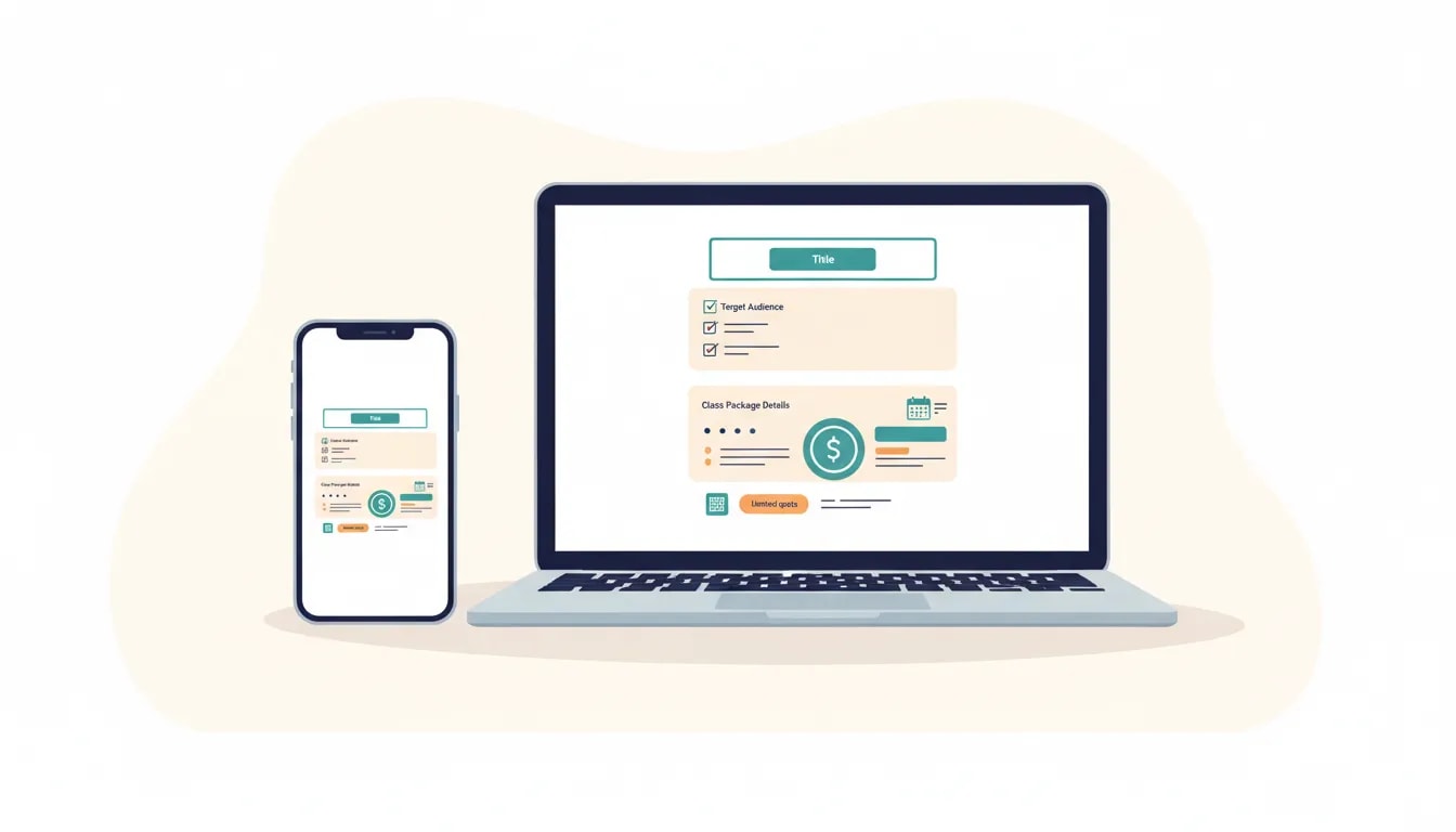 Illustration of a simple class offer card with audience, outcome, package details, price, and limited-time urgency for independent teaching
