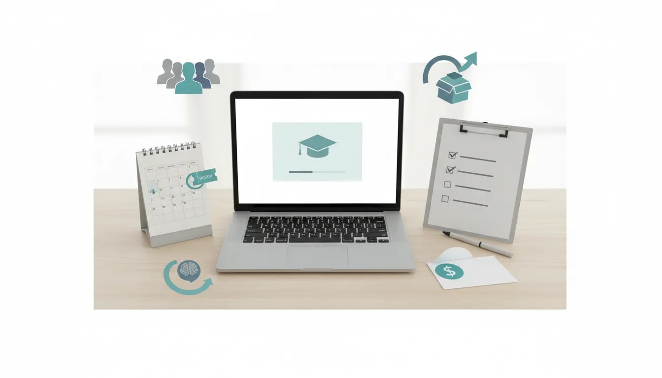 Flat-lay illustration of a teacher class offer template with checklist, calendar urgency, and pricing elements.