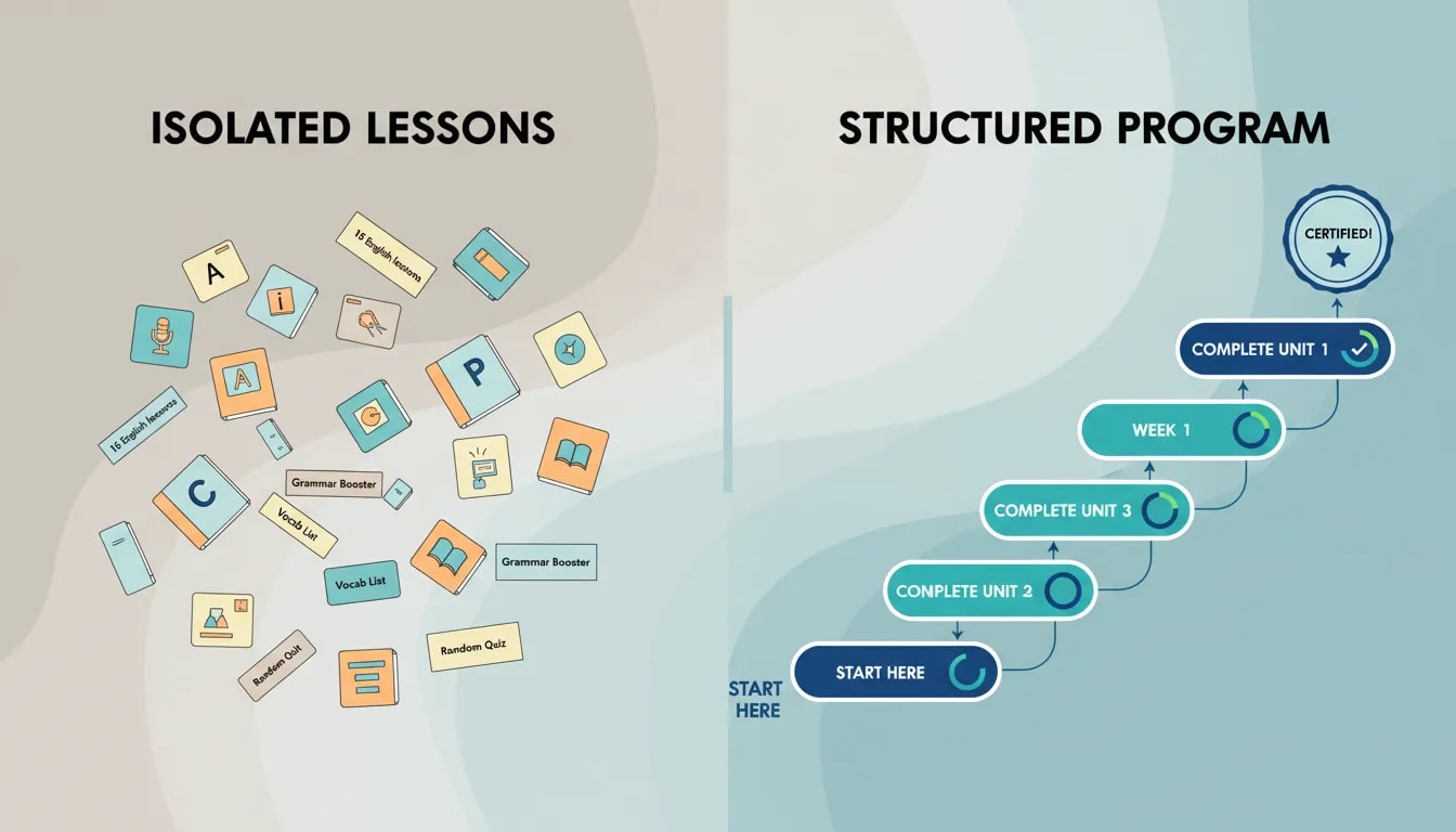 Illustration comparing isolated lesson packs versus structured English programs with clear goals, timeline, and progress steps.
