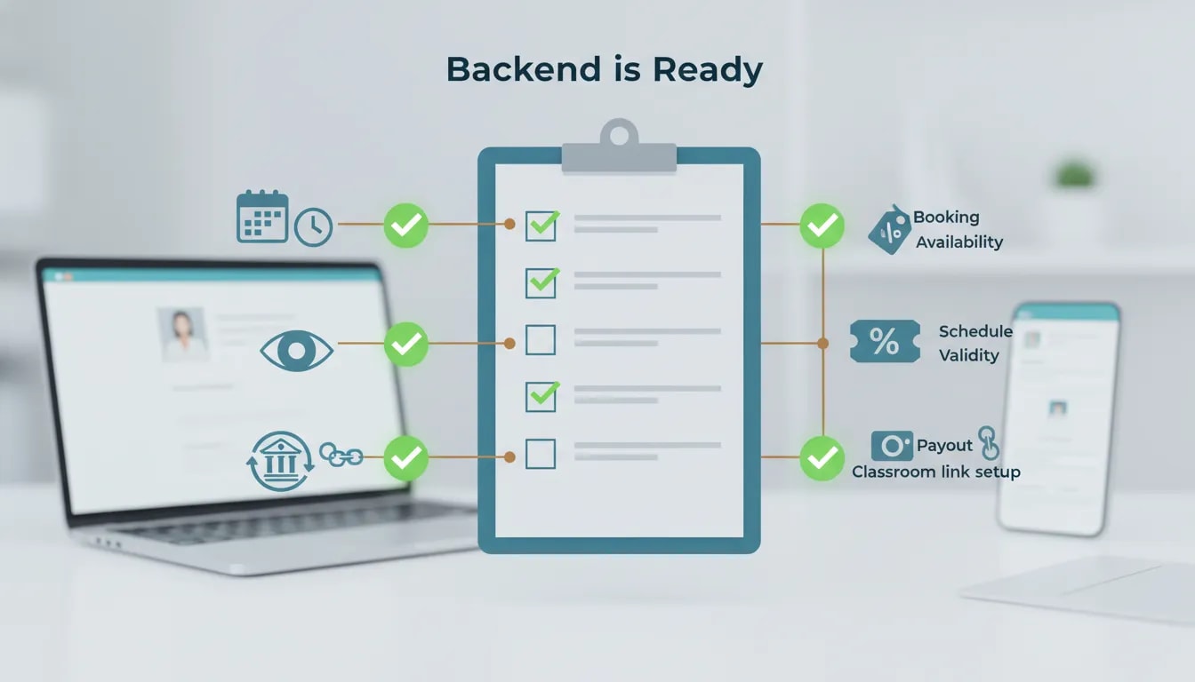 Illustration of a tutoring sales funnel backend readiness checklist with green checkmarks for booking, offers, coupons, schedule, payouts, and classroom link setup.