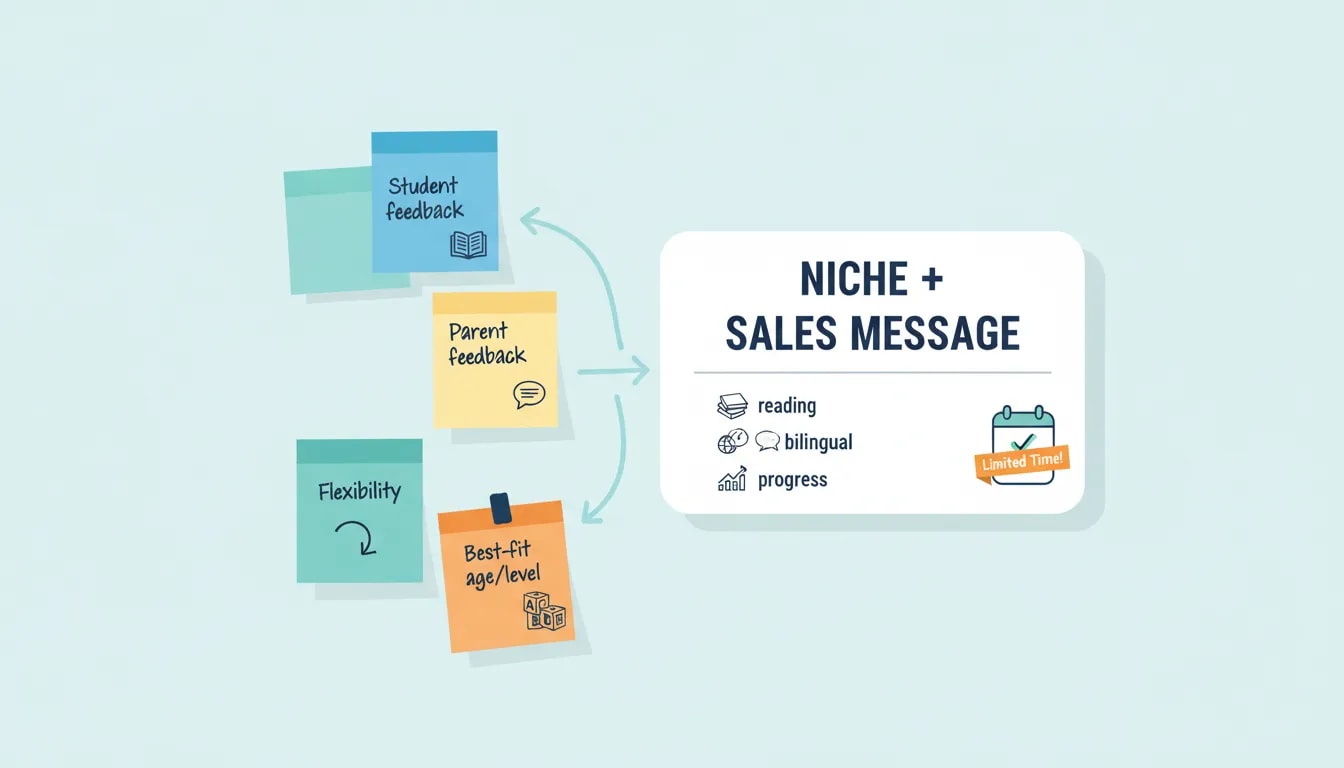 Illustration of student and parent feedback helping a teacher refine their niche and sales message for a tutoring offer