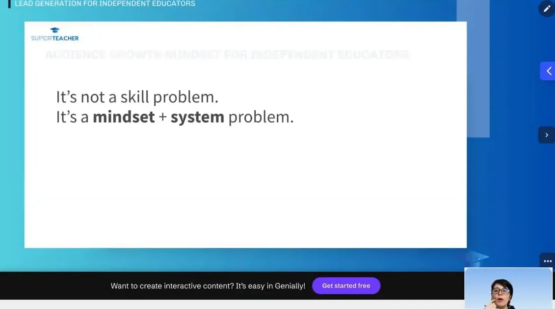 Screenshot of a slide stating: “It’s not a skill problem. It’s a mindset + system problem.”
