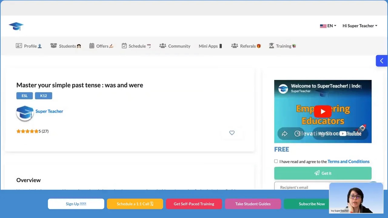 SuperTeacher offer page showing 'Master your simple past tense: was and were' and a free resource signup