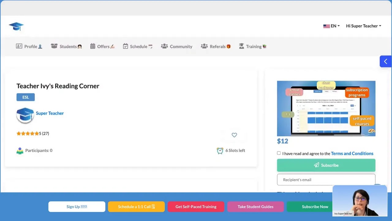 SuperTeacher page showing a reading corner and a subscription program with a booking/subscription call to action