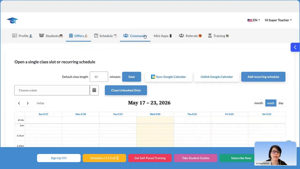 SuperTeacher scheduling screen showing how to open a class slot or recurring schedule