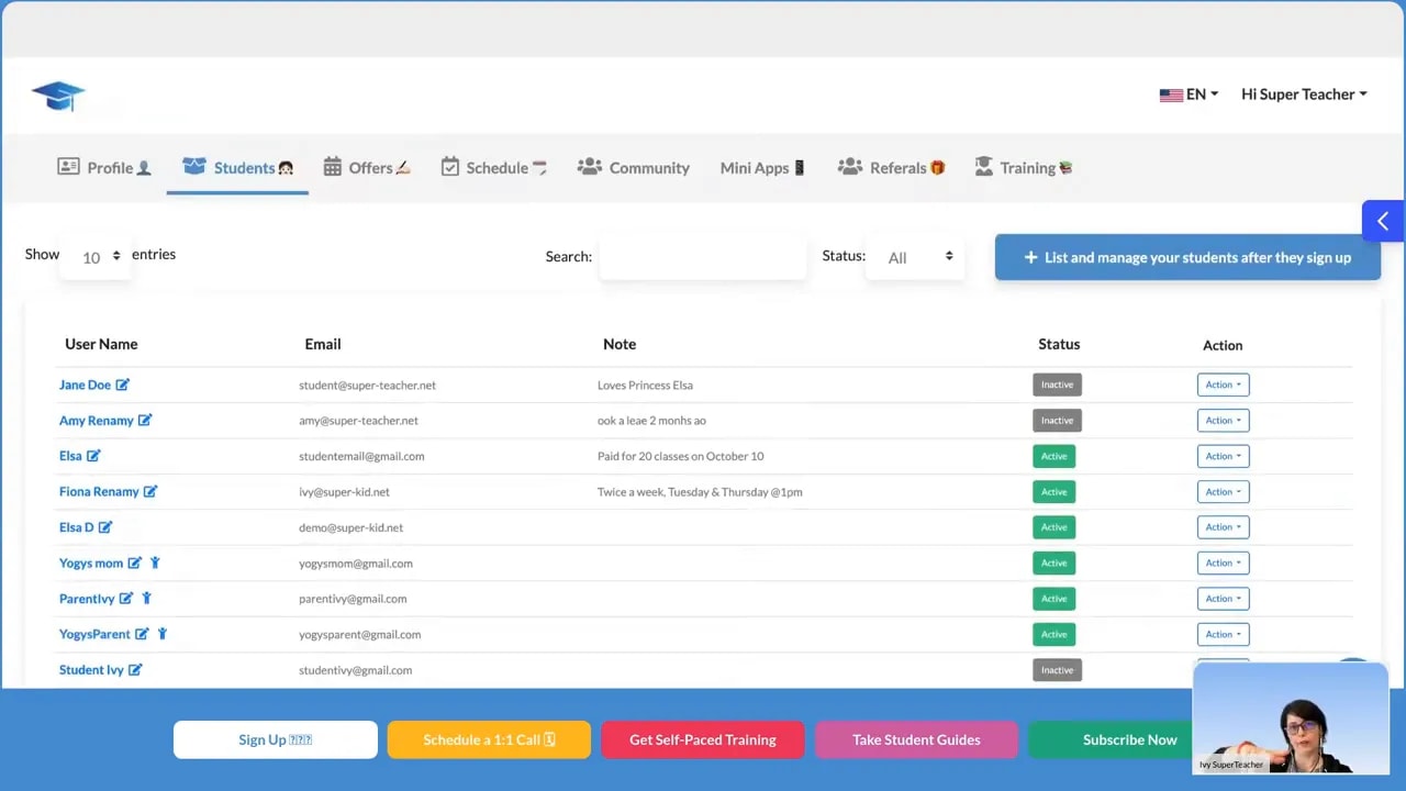 SuperTeacher students list with status filters and student notes