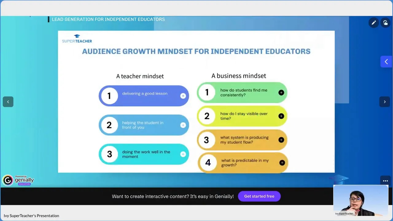 Slide comparing teacher mindset vs business mindset, listing business questions like visibility over time, systems that produce student flow, and predictable growth.