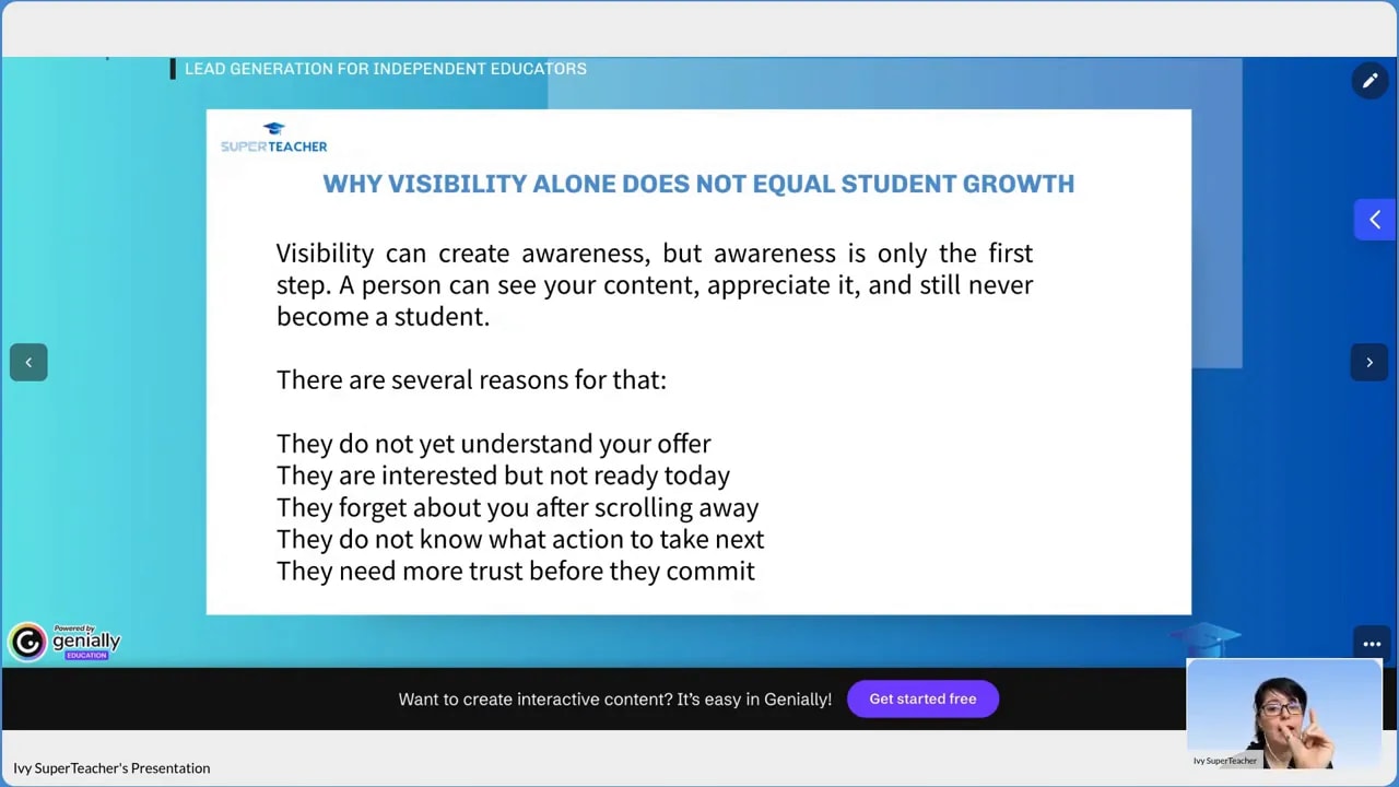 Slide explaining why visibility alone does not equal student growth and listing reasons people don’t convert
