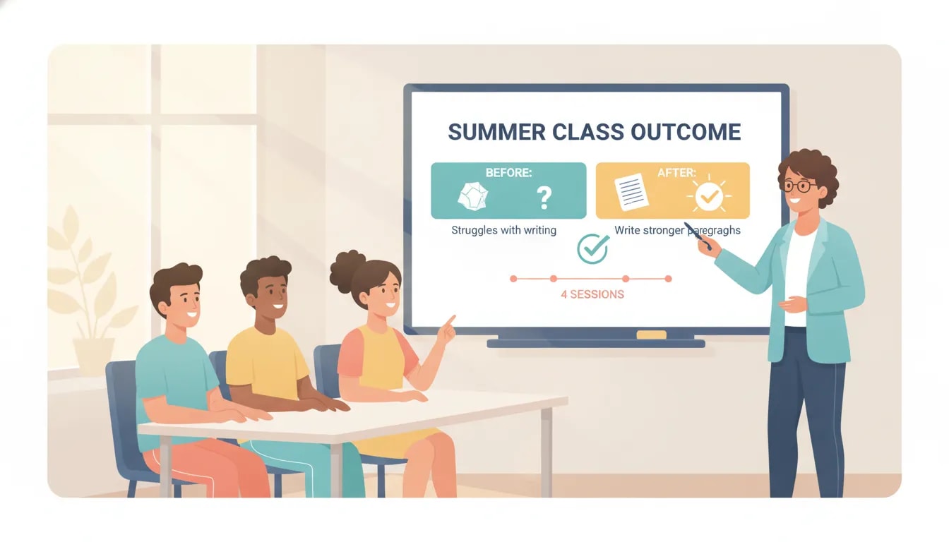 Teacher shows a clear before-and-after outcome and end-of-class timeline for a summer group class