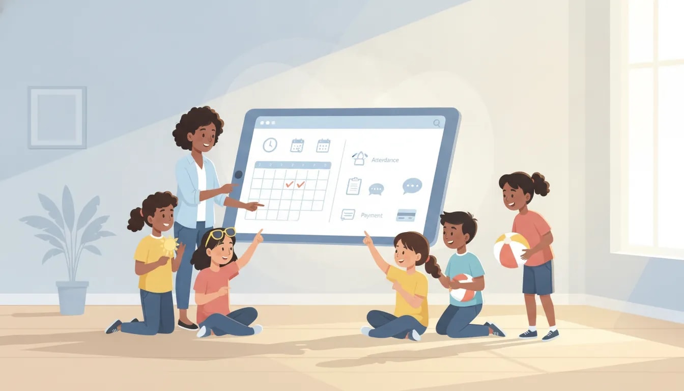 Illustration of a teacher using an online scheduling and booking dashboard to manage summer group classes, attendance, communication, and payments.