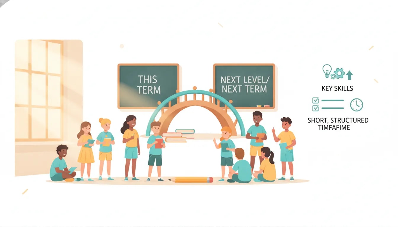 Illustration of a summer bridge program helping students transition between school terms with a short, skills-focused group class.