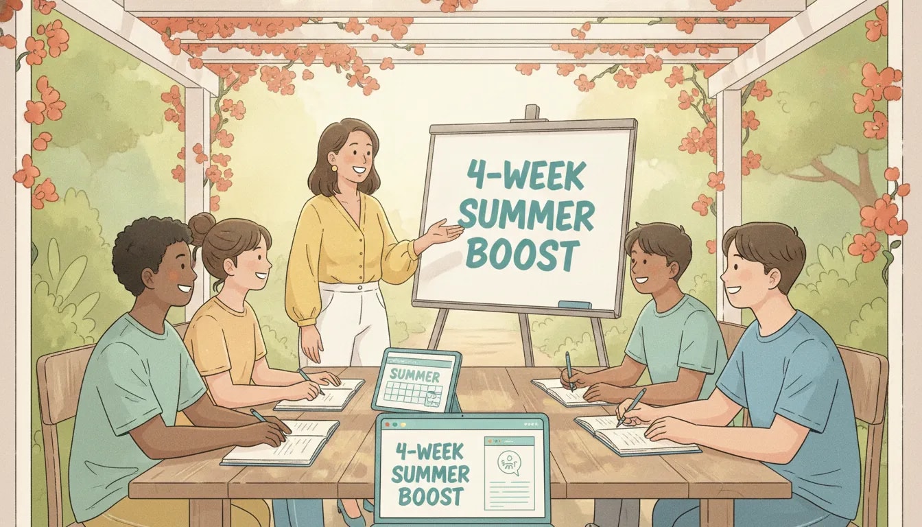 Educator leading a small summer group class with students while highlighting a short 4-week program and flexible scheduling during school breaks