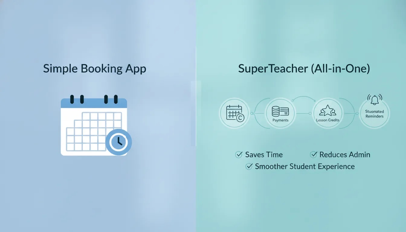 Comparison of simple scheduling app versus an all-in-one tutoring platform with calendar, payments, lesson credits, and student/parent portals