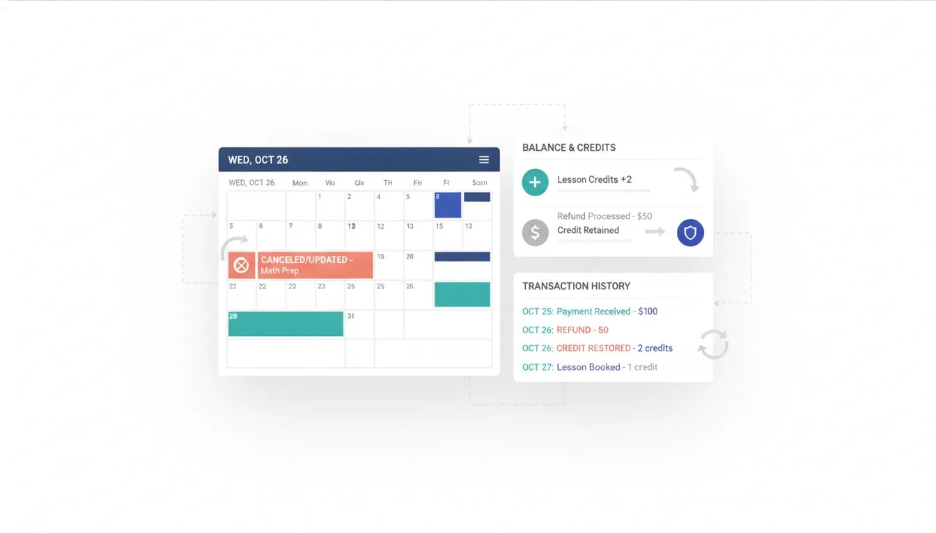Dashboard-style illustration showing tutor lesson cancellation, refund processing, and lesson credit balance tracking in one place.