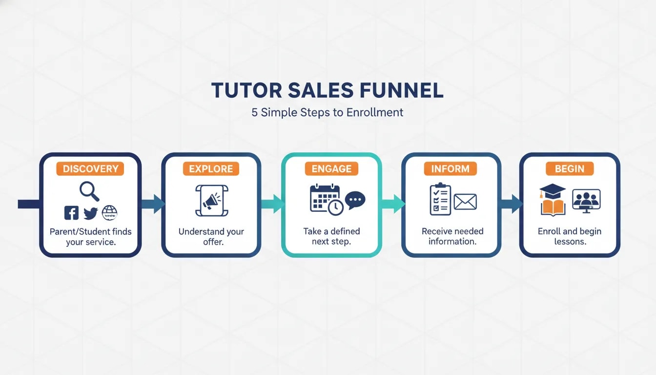 Infographic showing a five-step basic tutor sales funnel from inquiry to enrolling in lessons.