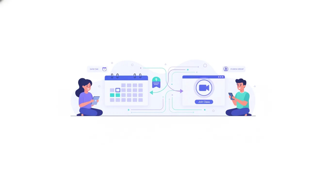 Illustration showing a class scheduling app connecting a booked lesson to live class access with reminders and schedule updates.