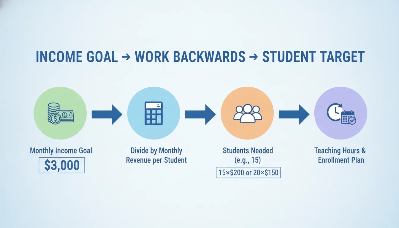 Infographic showing how an independent tutor works backwards from a monthly income goal to calculate the number of students needed and teaching hours.