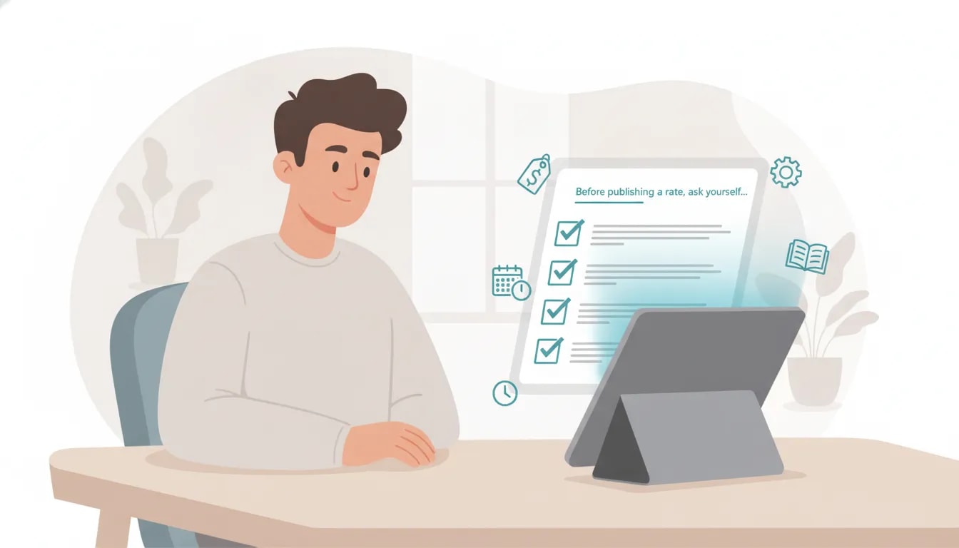 Checklist illustration showing how to verify independent tutoring prices cover business costs, preparation, and a sustainable teaching schedule.
