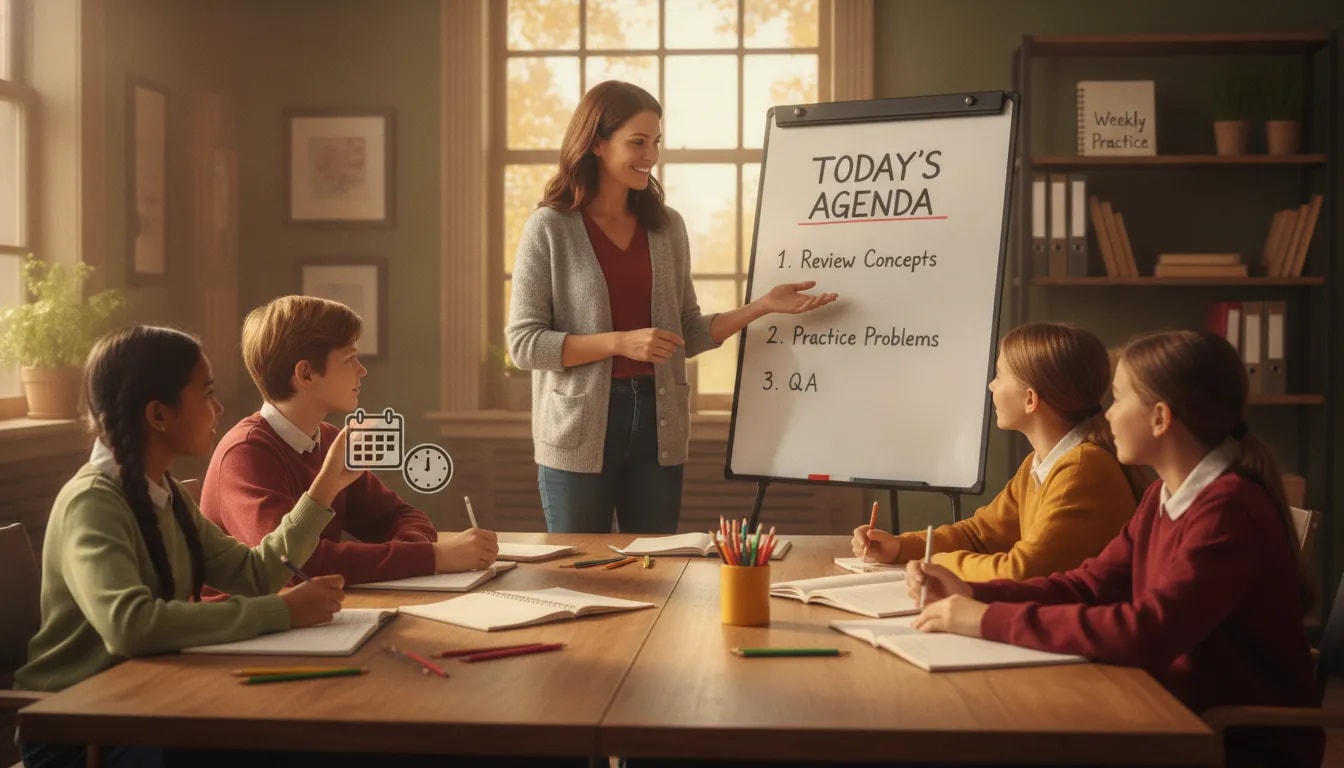 Tutor explains whether to choose a one-time or ongoing group class during a back-to-school study session with students