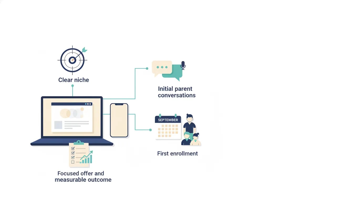 Illustration showing the first 30 days to start an online tutoring business: niche, measurable offer, parent conversations, and first September enrollment.