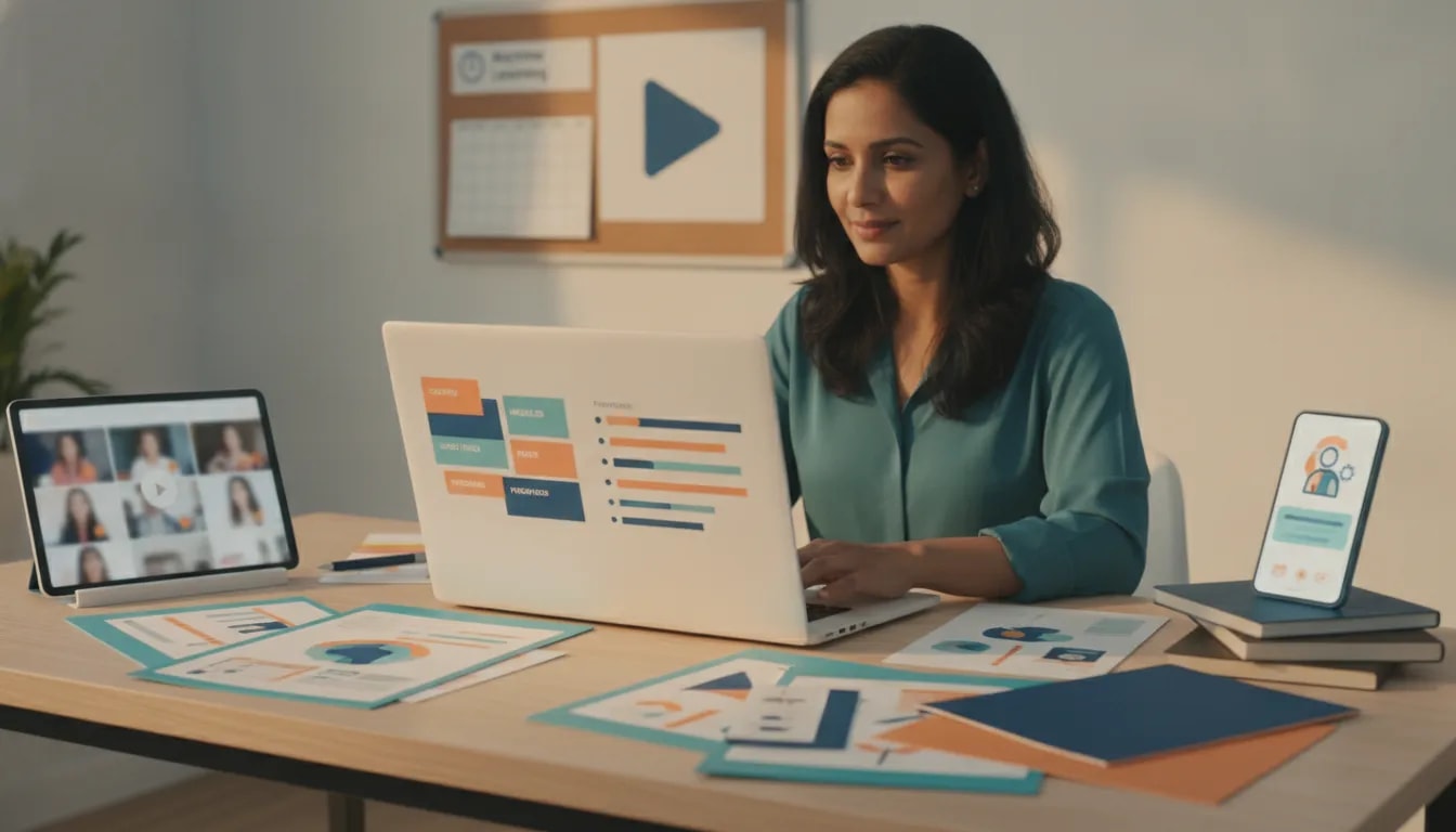 Tutor preparing a self-paced online course with recorded lessons, worksheets, and student progress