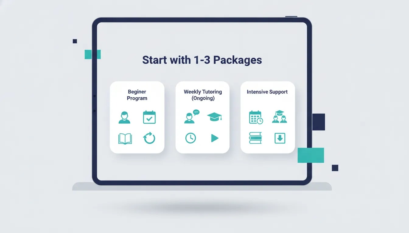 Infographic showing how to start independent tutoring with one to three clear tutoring packages and what each package includes.