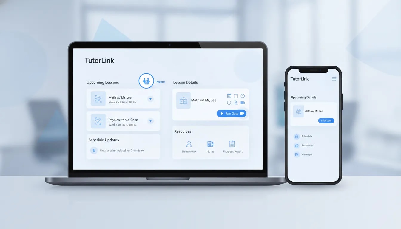 Student tutoring portal dashboard showing upcoming lessons, lesson details, schedule updates, and a join class button for self-service access.