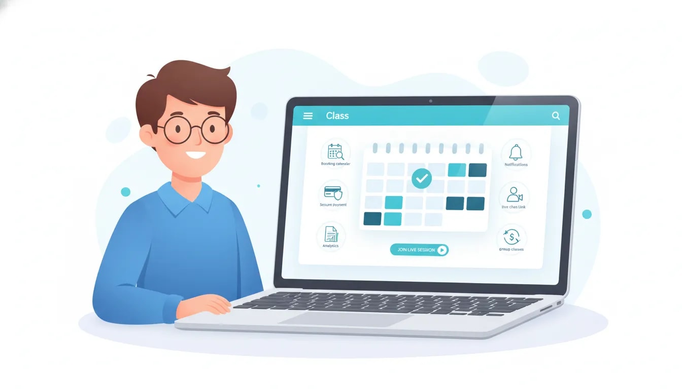 Illustration of seven key features in a tutor class scheduling app including booking, payments, reminders, student portal, live class links, invoices, analytics, and group scheduling