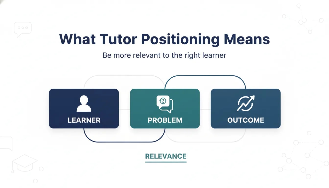 Three-part tutor positioning graphic showing Learner, Problem, and Outcome to make tutoring messages more relevant.