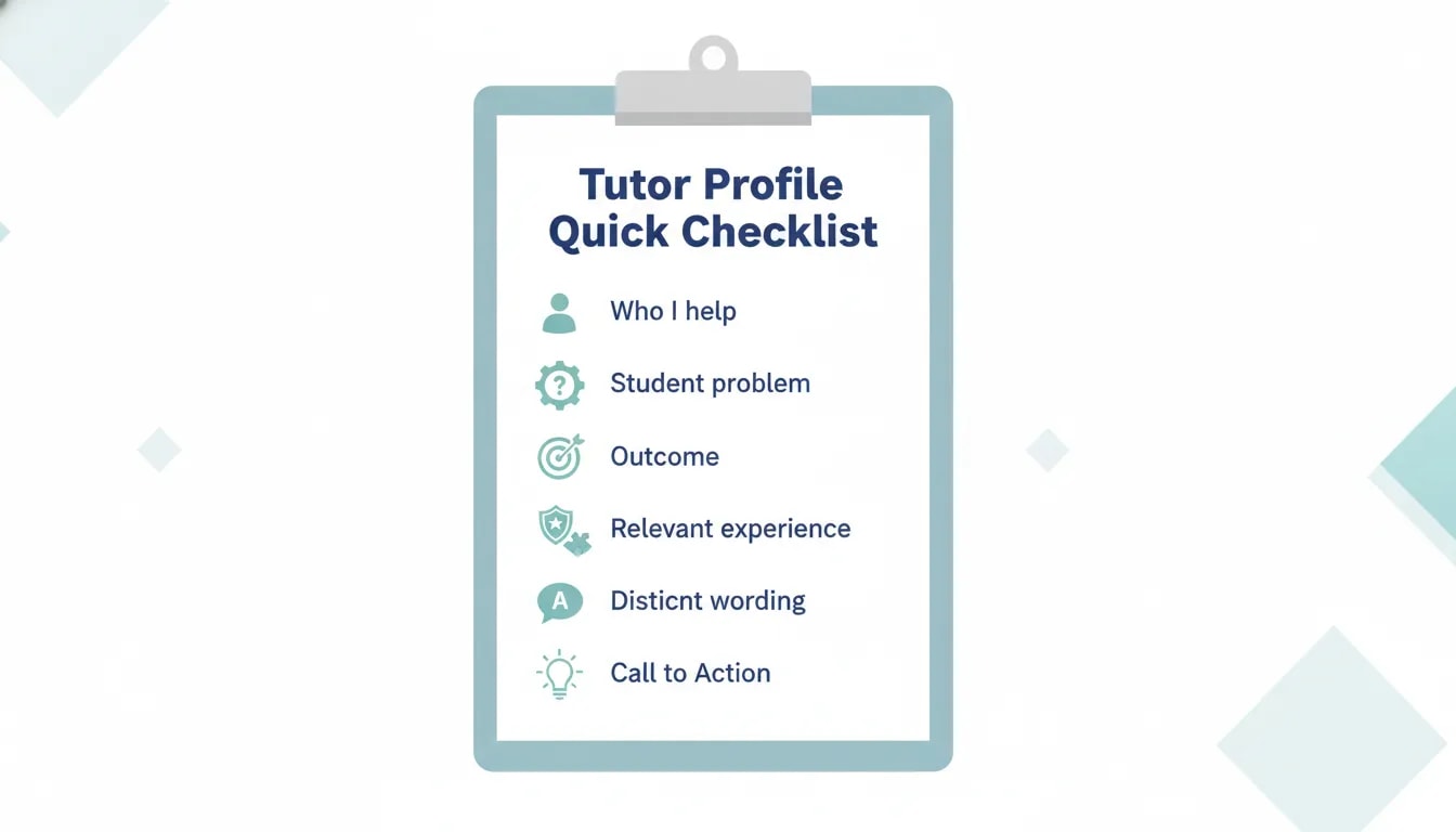 Illustration of a tutor profile quick checklist on a clipboard showing items like who you help, the student problem, and the outcome.