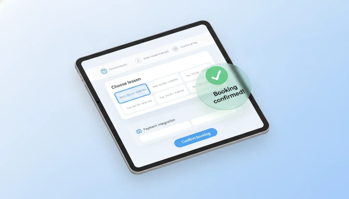 Illustration of an online tutoring booking page with onboarding steps and integrated payment confirmation.
