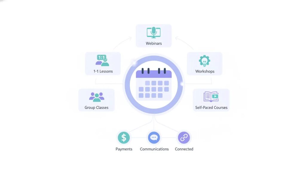 Diagram showing one tutoring scheduling hub that supports group classes, courses, and long-term lesson growth.