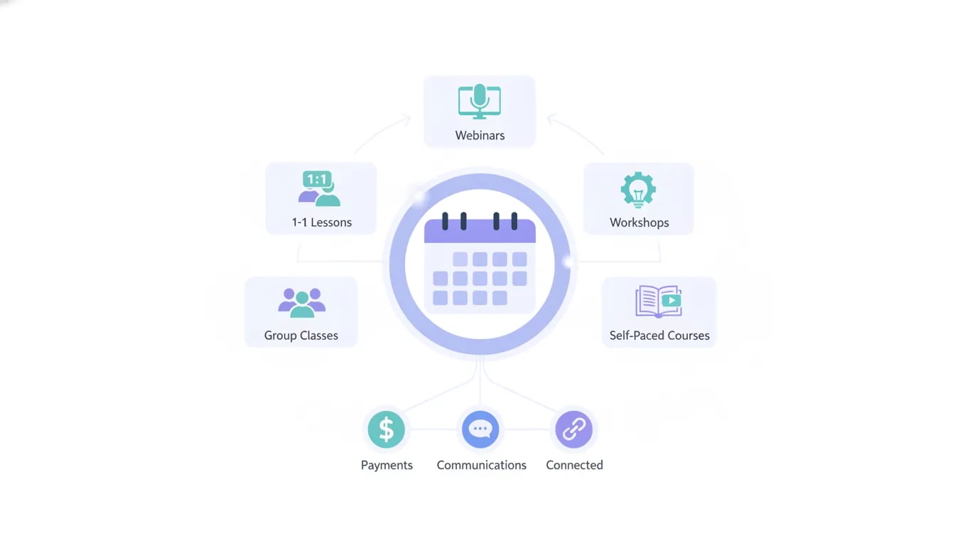 Diagram showing one tutoring scheduling hub that supports group classes, courses, and long-term lesson growth.