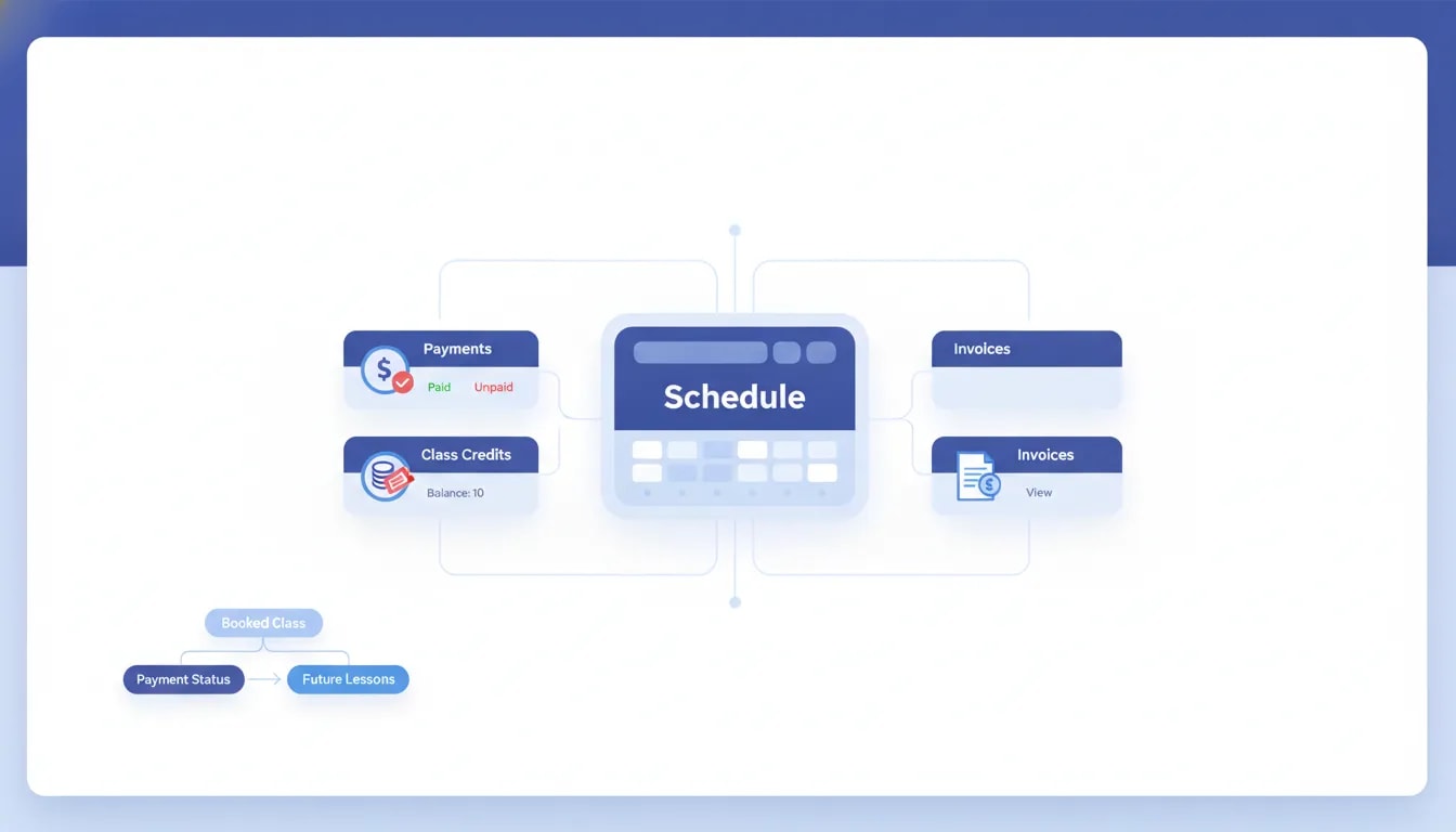 Infographic showing how a tutoring scheduling app connects class bookings with payments, class credits, and invoices