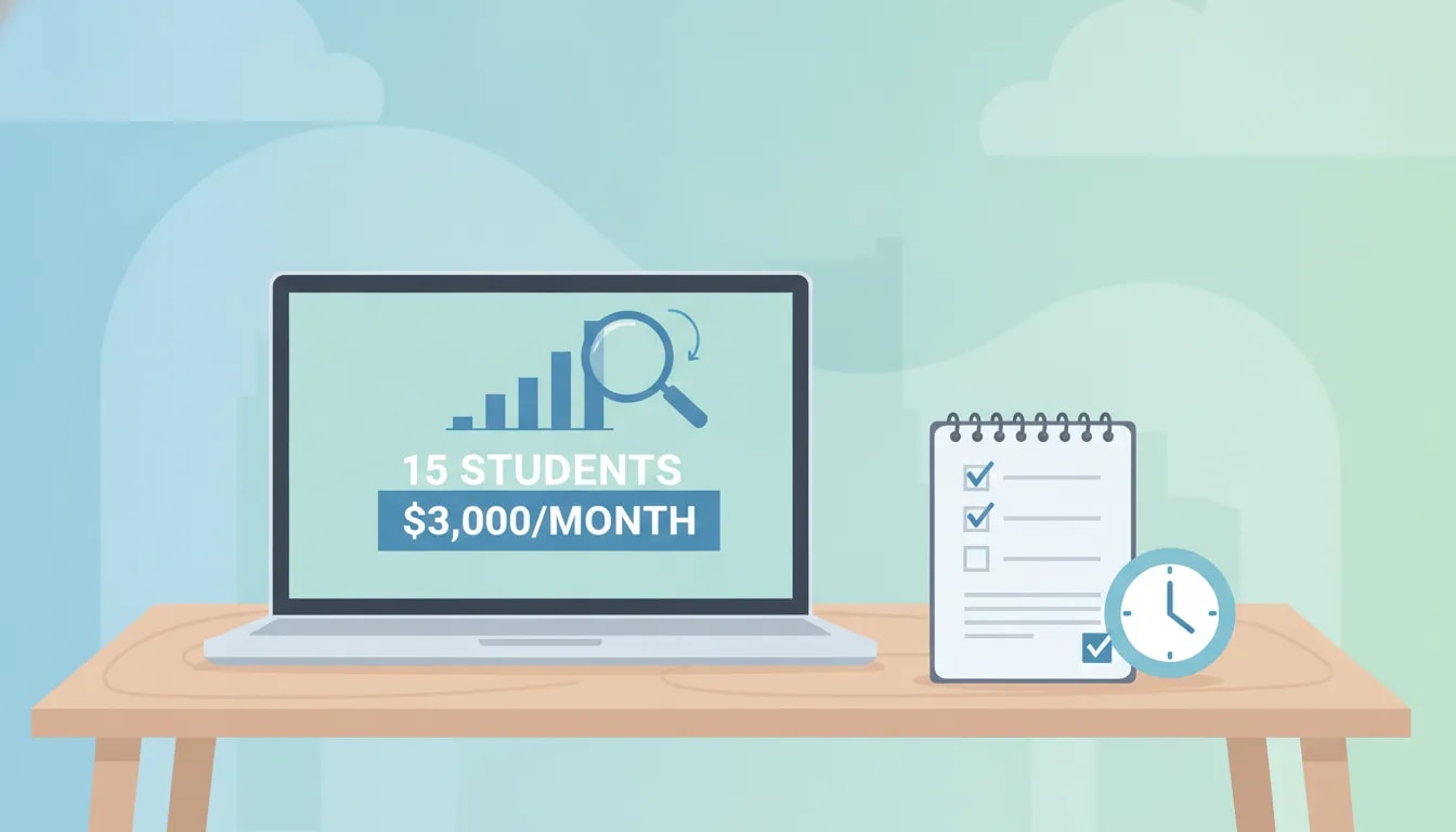 Illustration of an independent tutor using a student target (15 students) and income goal ($3,000/month) to guide marketing and enrollment.