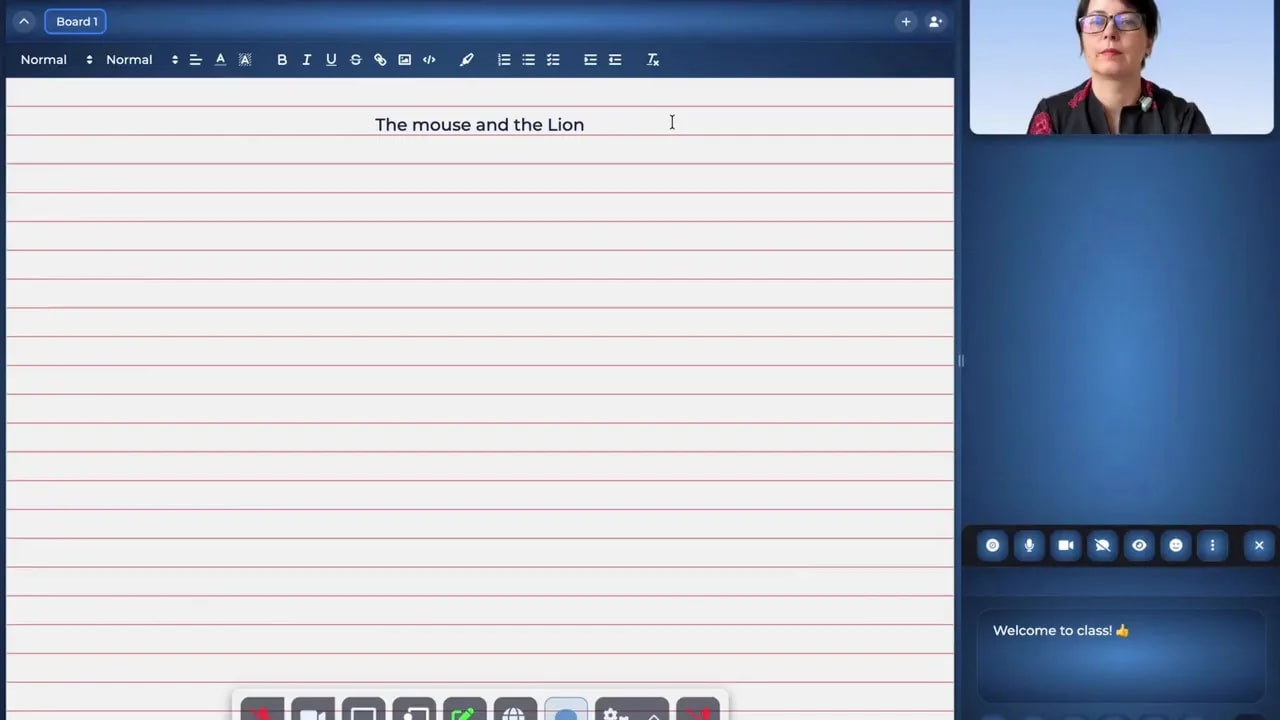 Lined text editor titled The mouse and the Lion inside the classroom