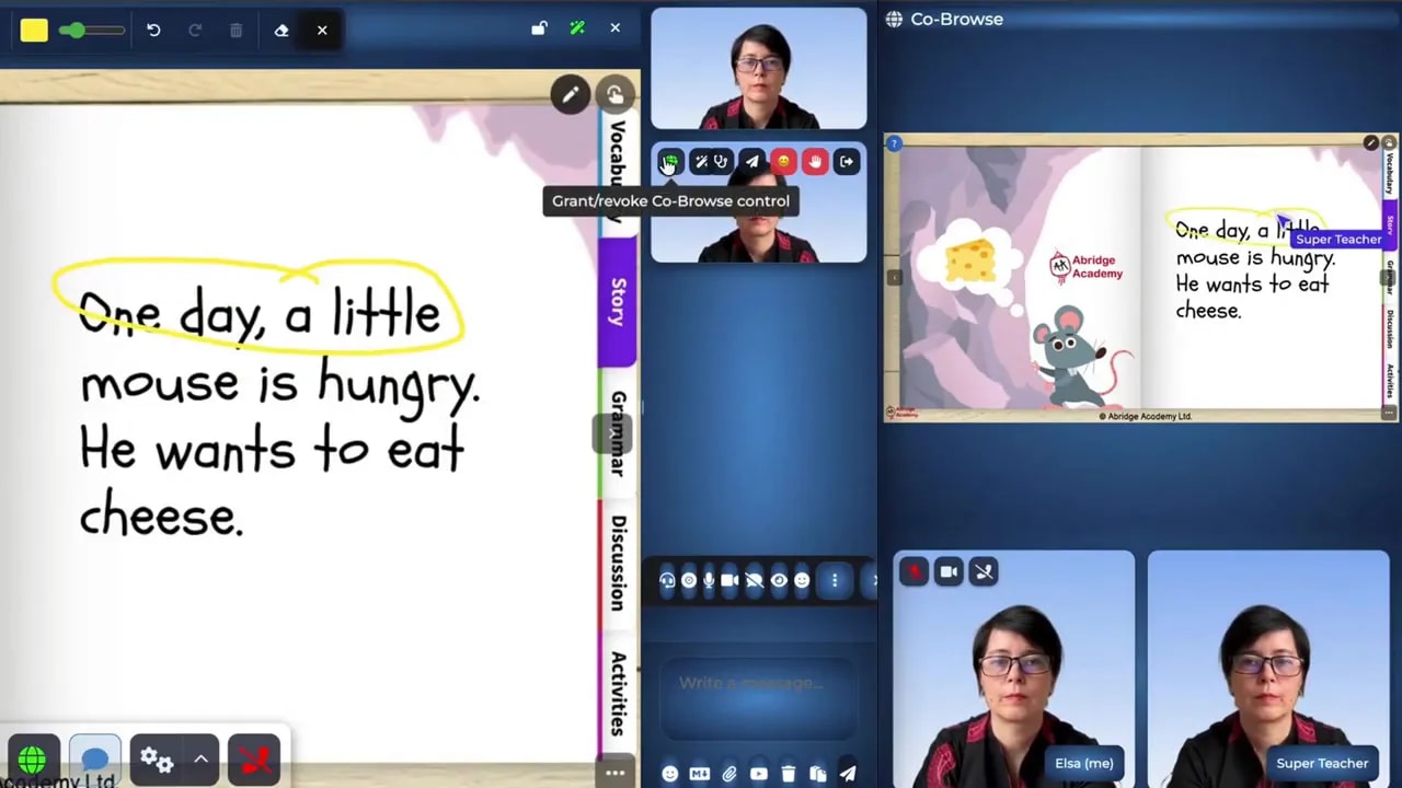 Co-browser classroom layout showing a story page with highlighted text and a smaller page preview