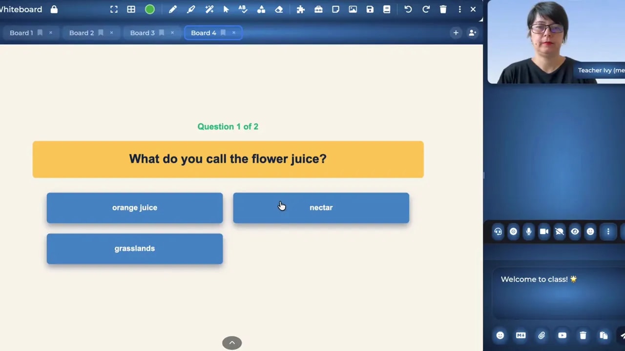 Classroom quiz asking about flower juice with three answer choices